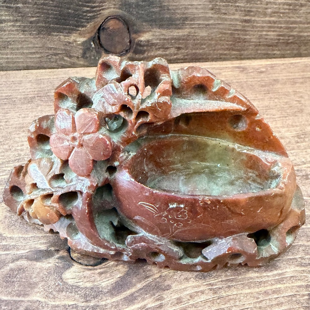 Vintage Hand Carved Soapstone Floral Brush Washer Trinket Dish Brown Stone